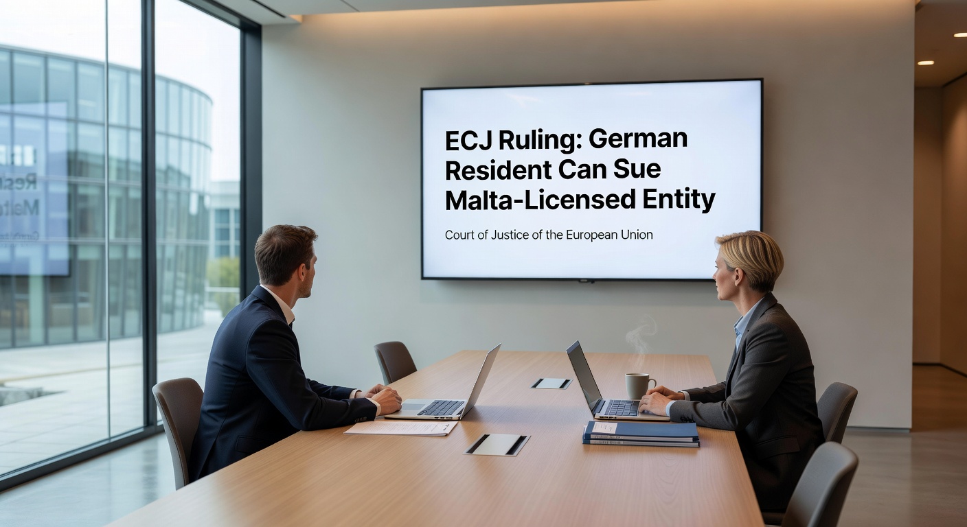 Symbolbild eines Online-Slotspielers am Laptop mit Warnhinweisen zu illegalem Glücksspiel und EU-Flagge im Hintergrund